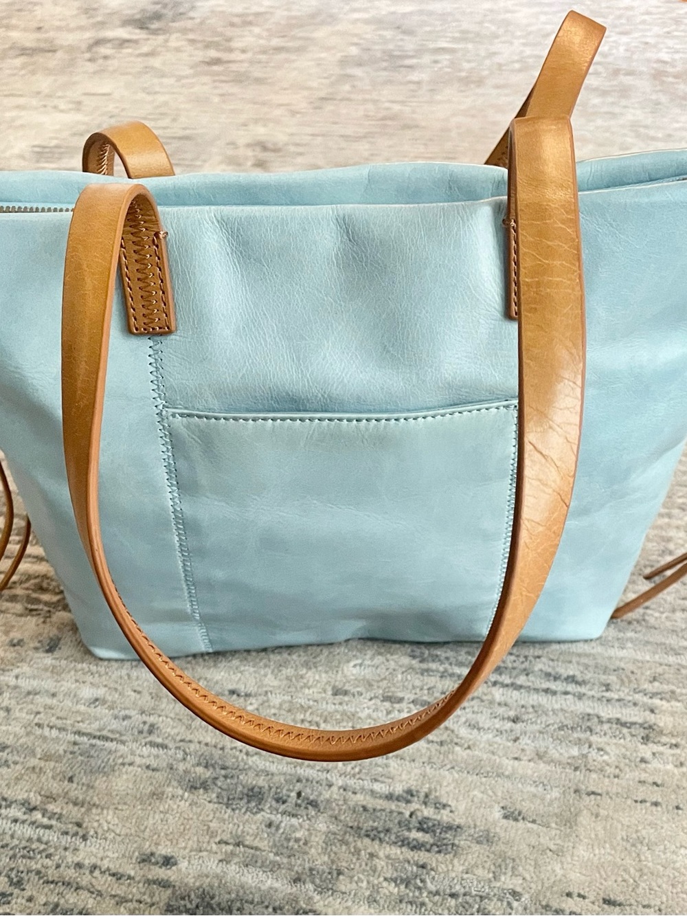 Hobo Cecily Genuine Leather Tote Bag in Teal With Tan Handles Floral Lining
